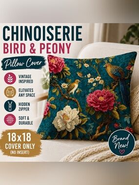Vintage Chinoiserie Floral Peony Bird Throw Pillow Cover Teal 18x18 NWT